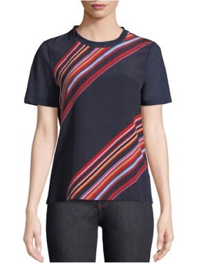 Navy Short Sleeve Tee with Diagonal Multicolor Stripes